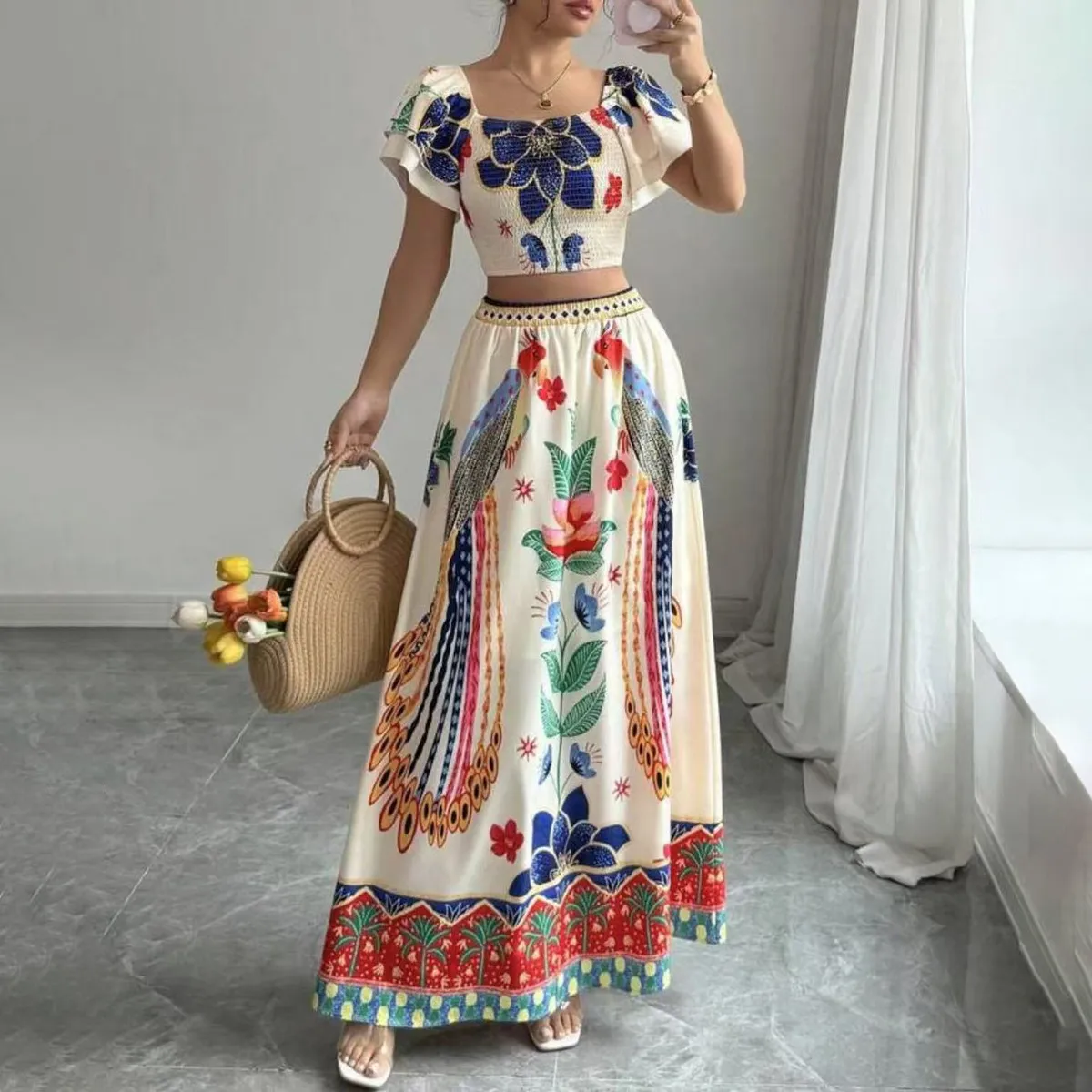Women Fashion Casual Boho Print Short-Sleeve Crop Top Loose Maxi Skirt Two-Piece Set