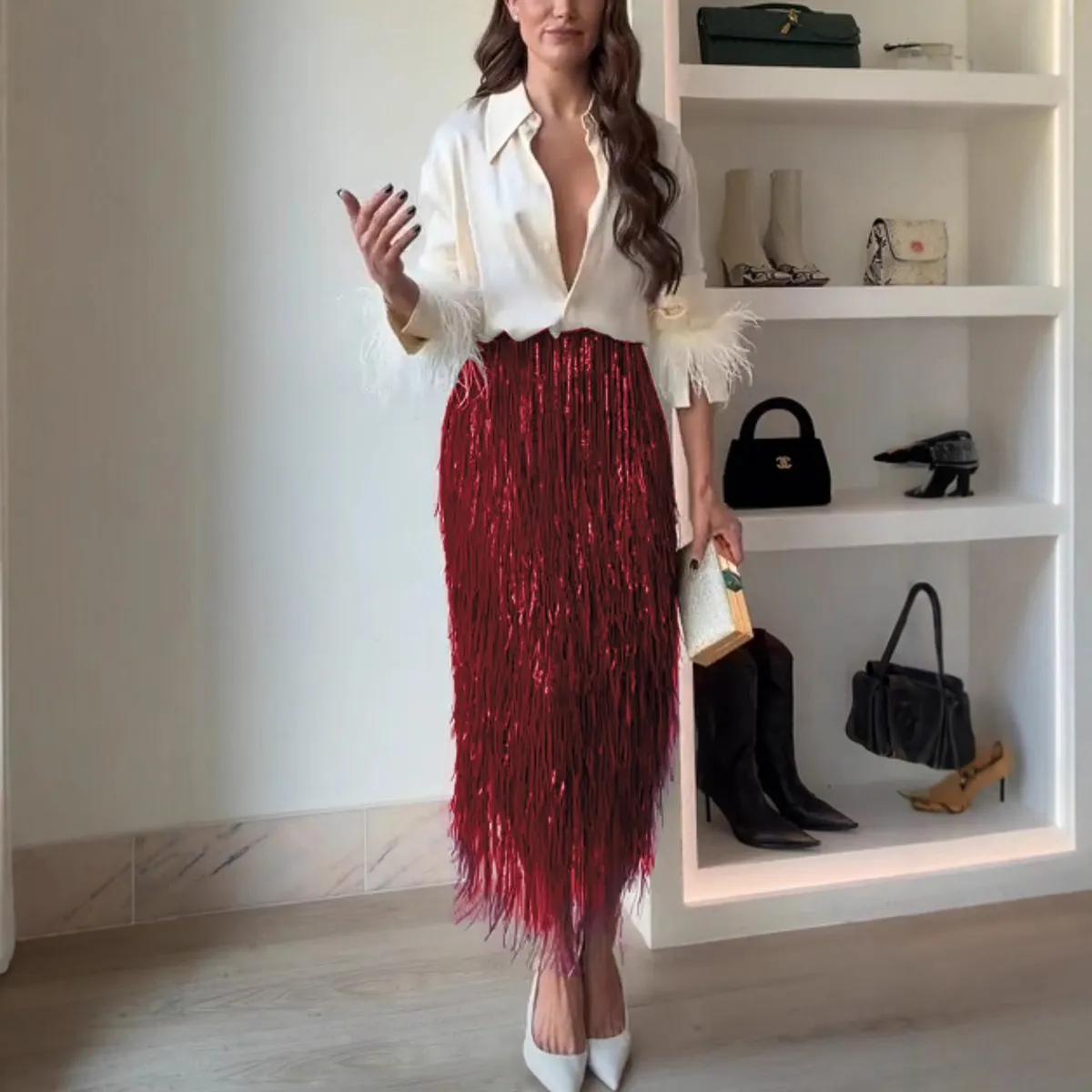 Women Fashion Casual Solid Color Lapel Long-Sleeve Feather Cuffs Blouse Sequin Tassel Maxi Skirt Two-Piece Set