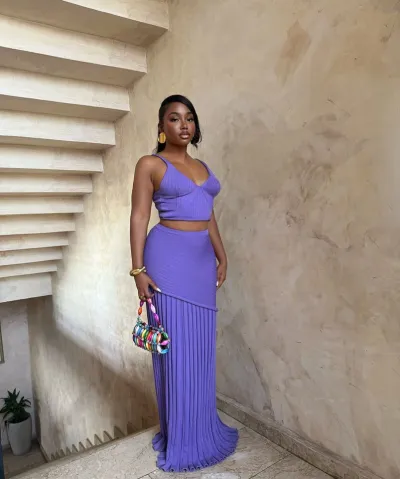 Women Fashion Sexy Summer Solid Color V-Neck Camisole Pleated Maxi Skirt Two-Piece Set