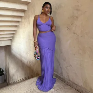 Women Fashion Sexy Summer Solid Color V-Neck Camisole Pleated Maxi Skirt Two-Piece Set