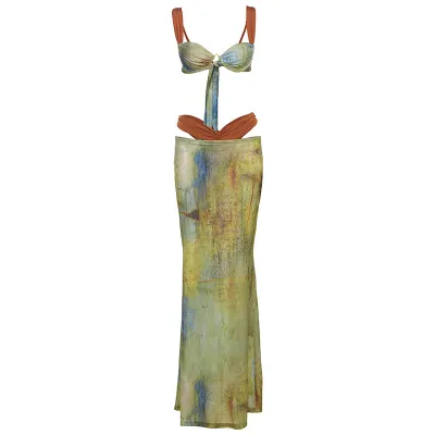 Women Fashion Sexy Summer Contrast Color Printed Bra Underpants High Waist Maxi Skirt Three-Piece Set