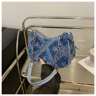 Women Fashion Casual Gradient Star Denim Chain Shoulder Bag