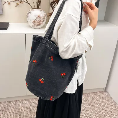 Women Fashion Casual Cherry Embroidery Denim Shoulder Bag Bucket Bag