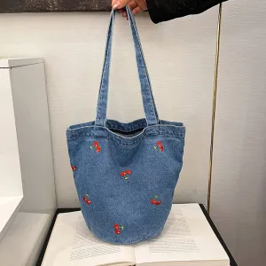 Women Fashion Casual Cherry Embroidery Denim Shoulder Bag Bucket Bag