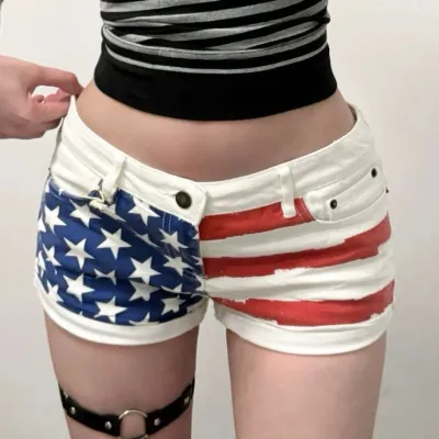 Women Fashion Sexy American Flag Print Low Rise Denim Shorts