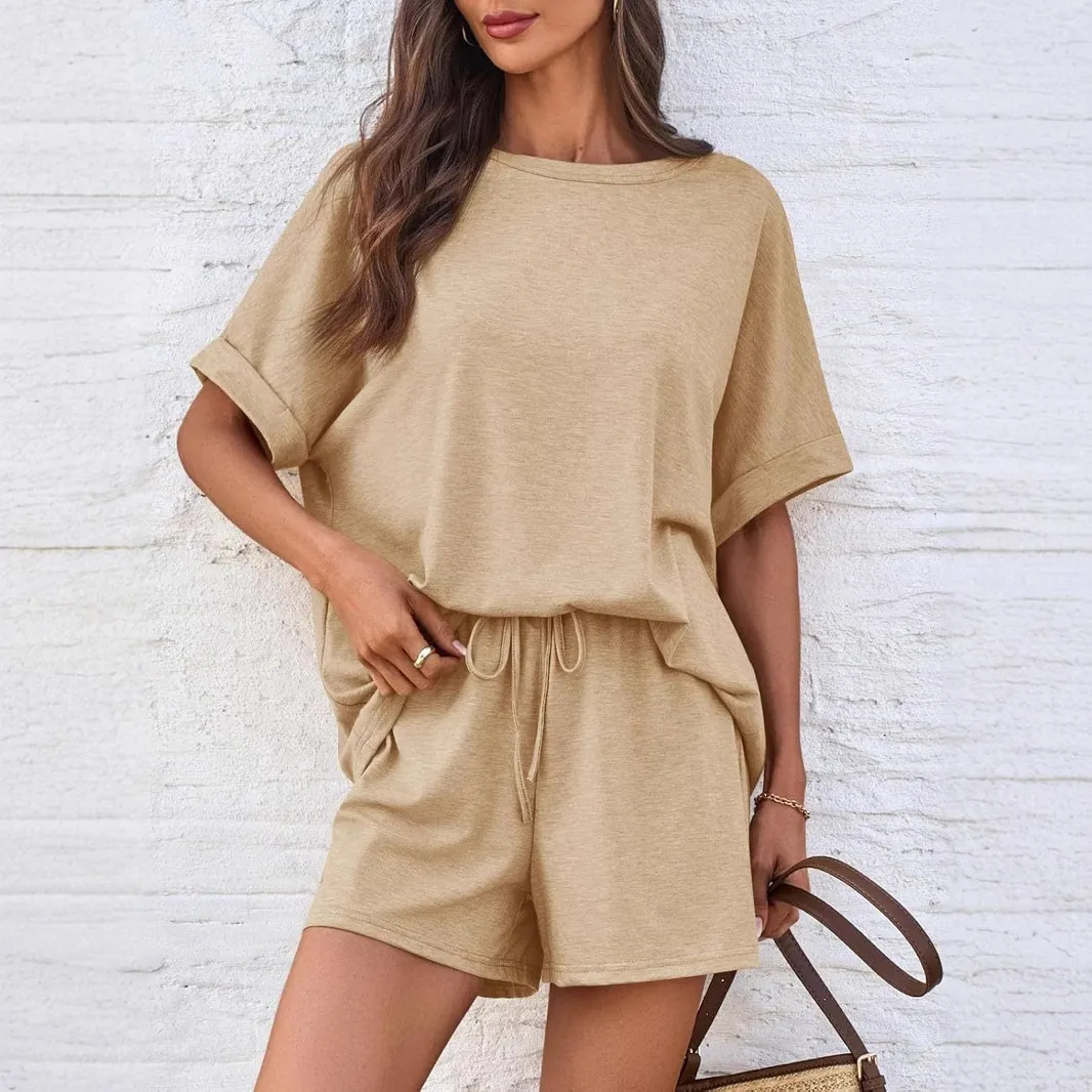 Women Fashion Casual Summer Solid Color Short-Sleeve T-Shirt Drawstring Shorts Two-Piece Set