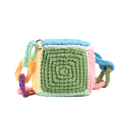 Women Fashion Cute Dopamine Knitted Rainbow Crossbody Bag Locking Clasp Cylindrical Woven Bag