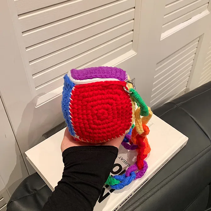 Women Fashion Cute Dopamine Knitted Rainbow Crossbody Bag Locking Clasp Cylindrical Woven Bag