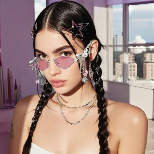 Women Sweet Rhinestone Chain Pendant Small Frame Sunglasses