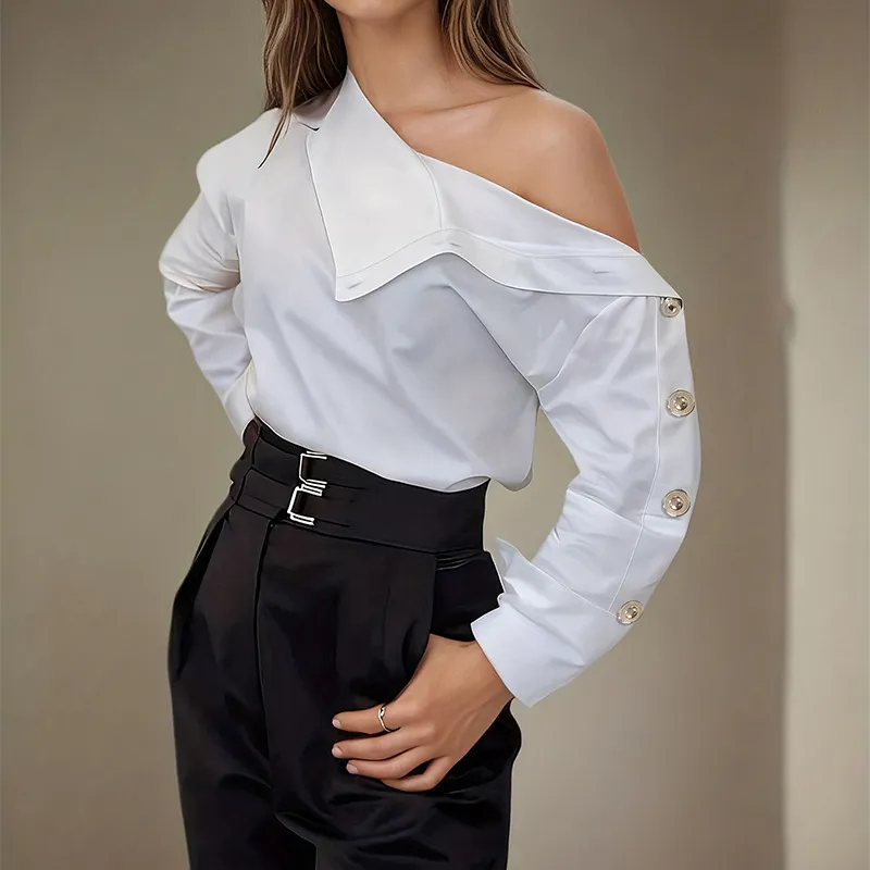 Women Fashion Casual Street Design High Collar Gold Button Top Off-Shoulder Blouse