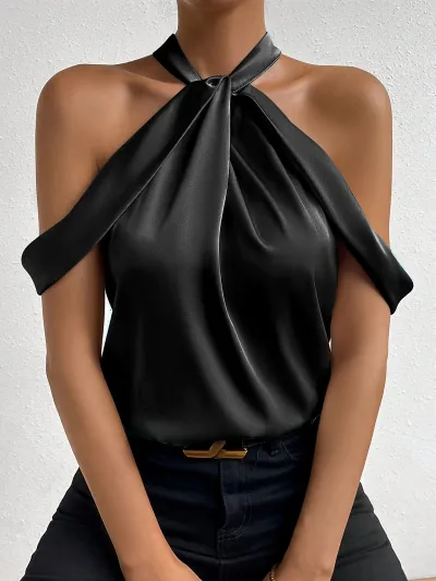 Women Fashion Sexy Solid Color Satin Sleeveless Blouse