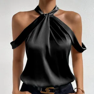 Women Fashion Sexy Solid Color Satin Sleeveless Blouse