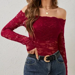 Women Fashion Sexy Elegant Solid Color Lace Off-Shoulder Long Sleeve Blouse