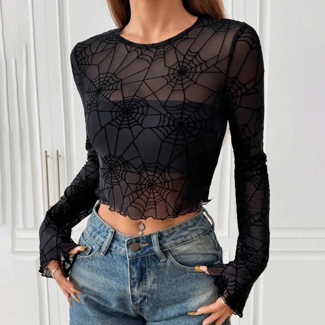 Women Fashion Elegant Black Perspective Spiderweb Long-Sleeve T-Shirt