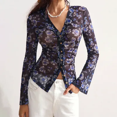 Women Fashion Casual Spring Flower Printed V-Neck Long-Sleeve Slim-Fit Blouse