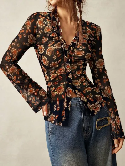Women Fashion Casual Spring Flower Printed V-Neck Long-Sleeve Slim-Fit Blouse