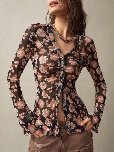 Women Fashion Casual Spring Flower Printed V-Neck Long-Sleeve Slim-Fit Blouse