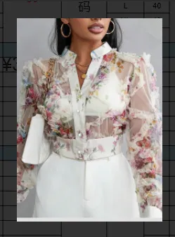 Women Fashion Sexy Elegant Lace Perspective Flower Chiffon Long Sleeve Blouse