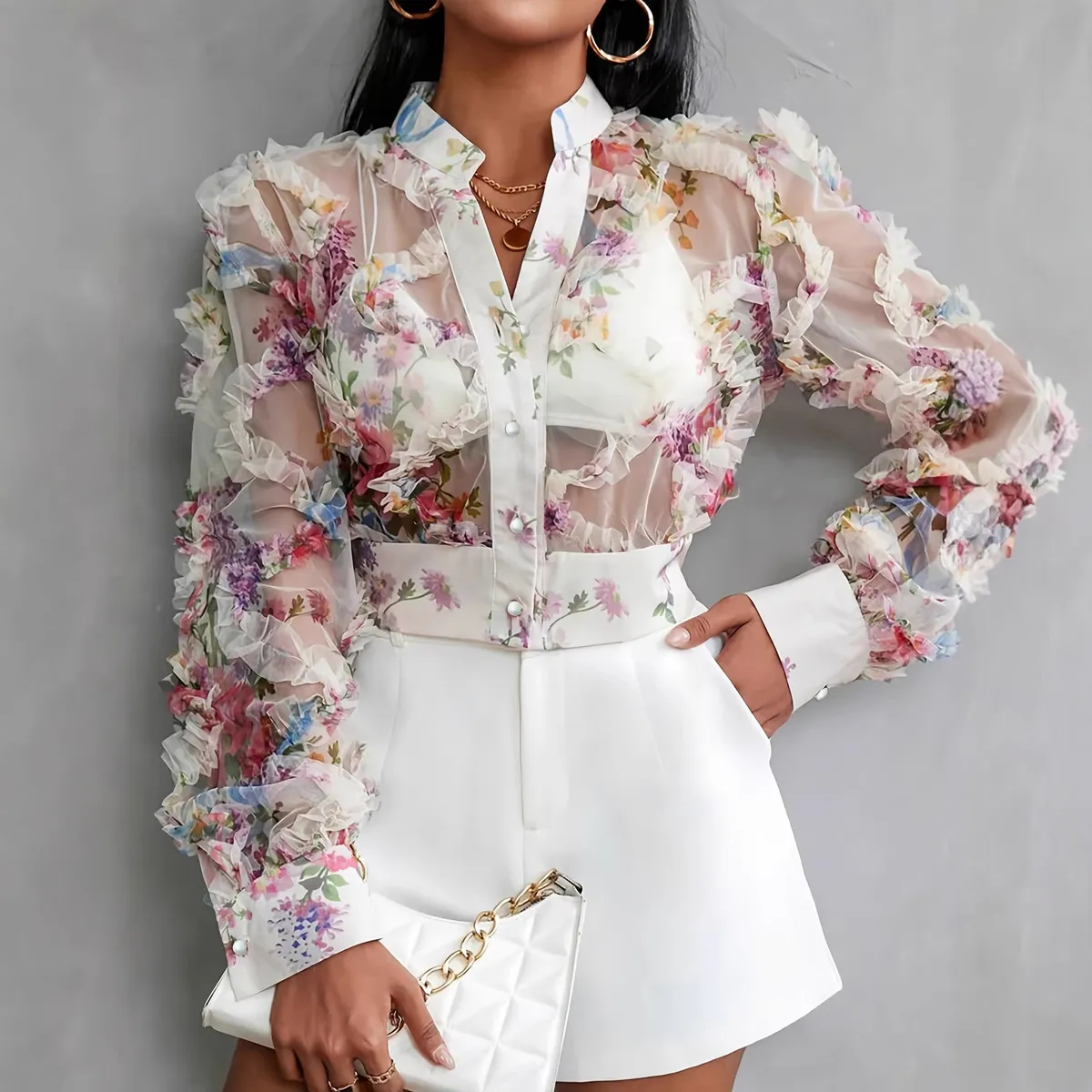 Women Fashion Sexy Elegant Lace Perspective Flower Chiffon Long Sleeve Blouse