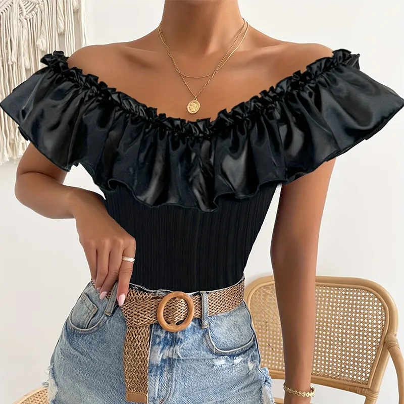 Women Fashion Sexy Solid Color Off-Shoulder Pleated Slim-Fit Waist Blouse