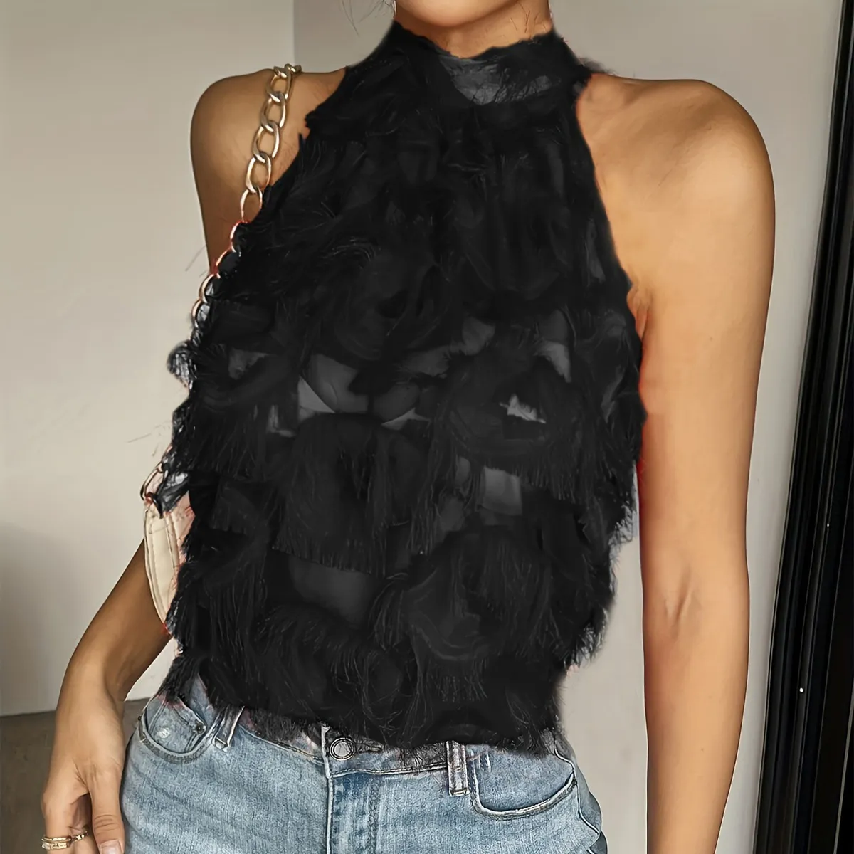 Women Fashion Sexy Solid Color Mesh Plush Splicing Sleeveless Half-High Collar Blouse