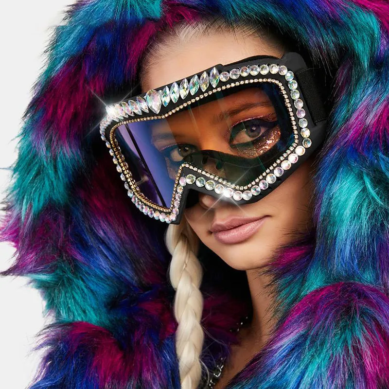 Women Fashion Cyberpunk Large Frame Rhinestone Decoration Sunglasses