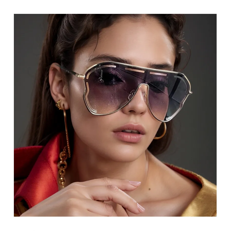 Women Fashion Large One-Frame Hollow Metal Sunglasses