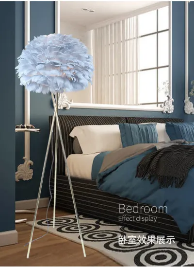 Creative Feather Floor Lamp with Gold Rod and LED Light, Button Switch, Home Decoration