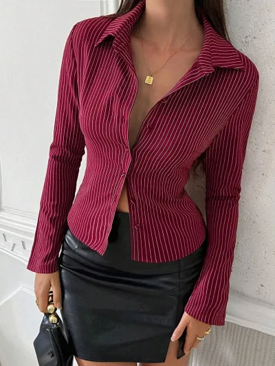 Women Fashion Casual Spring Stripe V-Neck Long Sleeve Blouse
