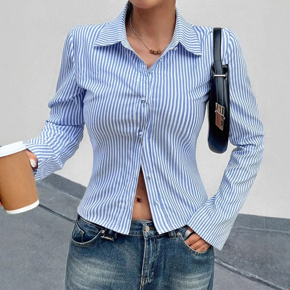 Women Fashion Casual Spring Stripe V-Neck Long Sleeve Blouse