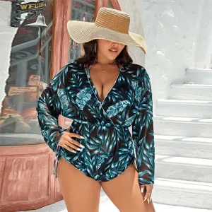 Women Plus Size Three-Piece Fashionable Printed Mesh Swimsuit