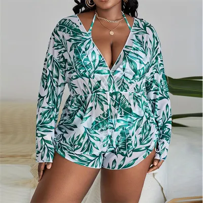 Women Plus Size Three-Piece Fashionable Printed Mesh Swimsuit
