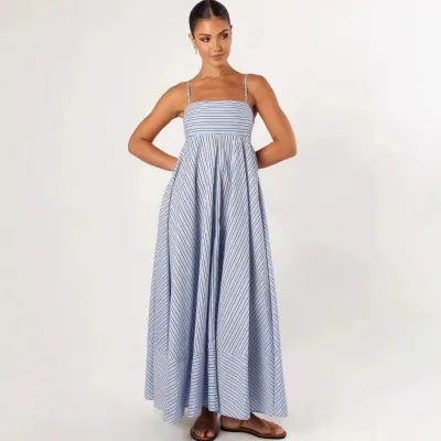 Summer Women Casual Fashion Stripe Print Backless Strap Maxi Dress