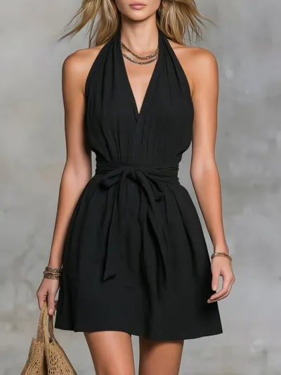 Summer Women Casual Fashion Solid Color Neck V-Neck Mini Dress