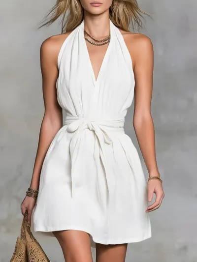 Summer Women Casual Fashion Solid Color Neck V-Neck Mini Dress