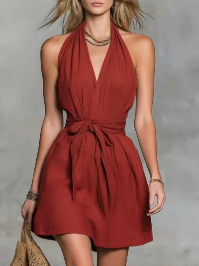 Summer Women Casual Fashion Solid Color Neck V-Neck Mini Dress