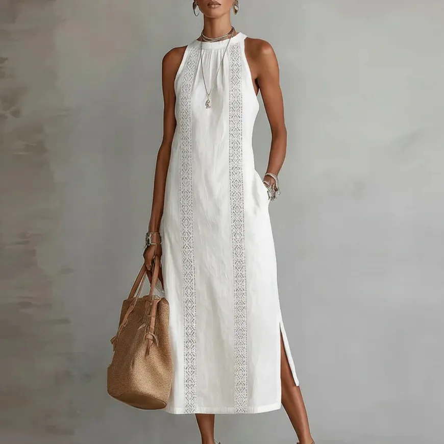 Women Casual Solid Color Loose Sleeveless Midi Dress