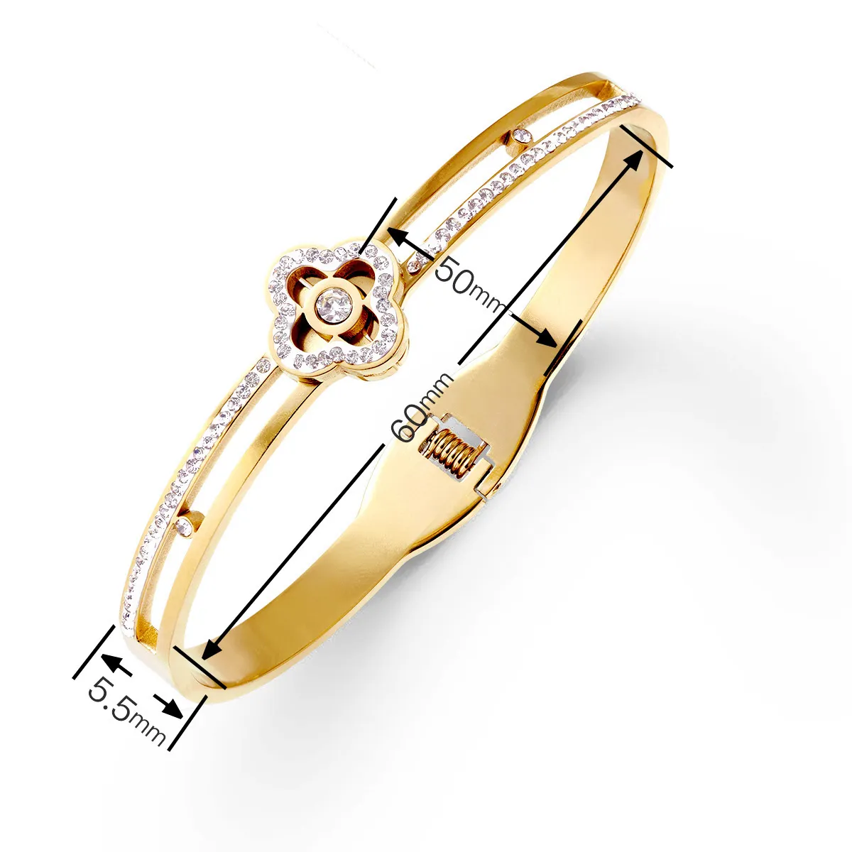 Women Fashion Electroplated Gold Rhinestone Four-Leaf Clover Titanium Steel Bracelet