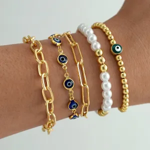 Women Fashion Devil's Eye Round Bead Pearl Bracelet Five-Piece Set