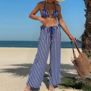 Women Fashion Stripe Bikini And Pants Swimsuit Three-Piece Set