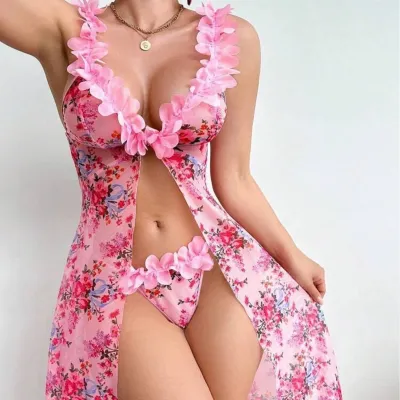 Women Fashion Flower Printed Sexy Lingerie Set