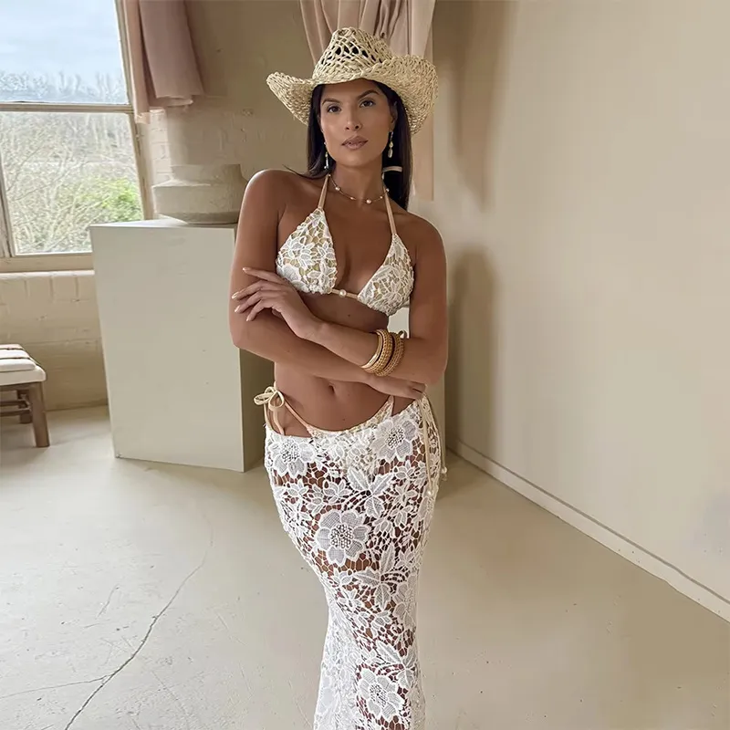 Women Sexy Lace Bikini And Skirt Swimwear Three-Piece Set