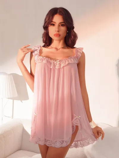 Women Fashion Sexy Solid Color Mesh Nightgown