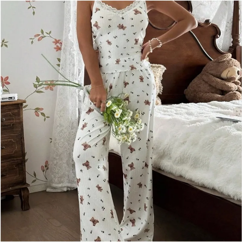 Women Fashion Casual Bear Printed Camisole Loose Pants Pajamas Two-Piece Set