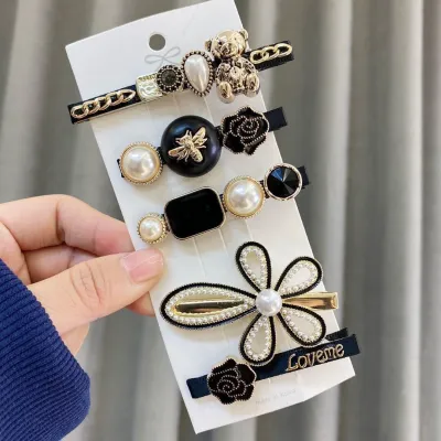 Women Fashion Crystal Metal Diamond Imitation Pearl Hairpin Set One-Character Clip