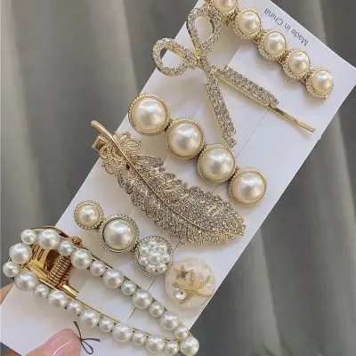 Women Fashion Crystal Metal Diamond Imitation Pearl Hairpin Set One-Character Clip