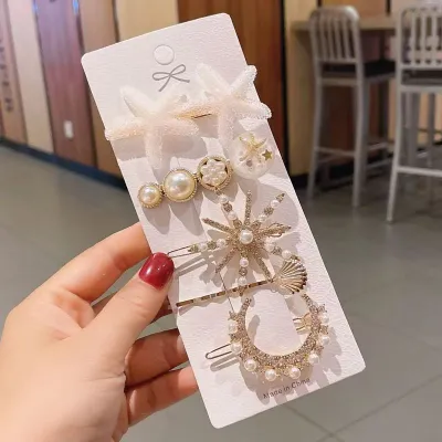 Women Fashion Crystal Metal Diamond Imitation Pearl Hairpin Set One-Character Clip