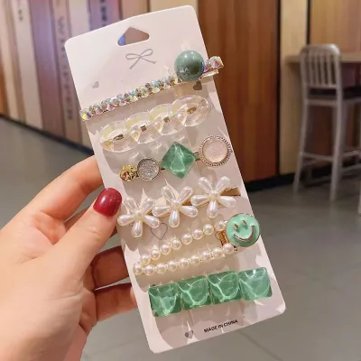 Women Fashion Crystal Metal Diamond Imitation Pearl Hairpin Set One-Character Clip