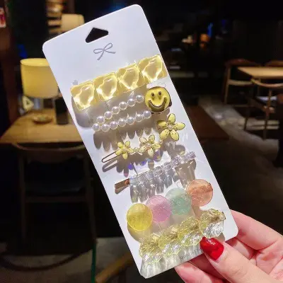 Women Fashion Crystal Metal Diamond Imitation Pearl Hairpin Set One-Character Clip