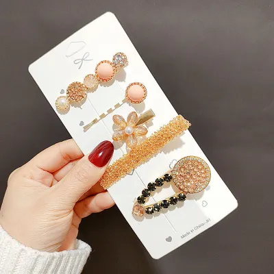 Women Fashion Crystal Metal Diamond Imitation Pearl Hairpin Set One-Character Clip